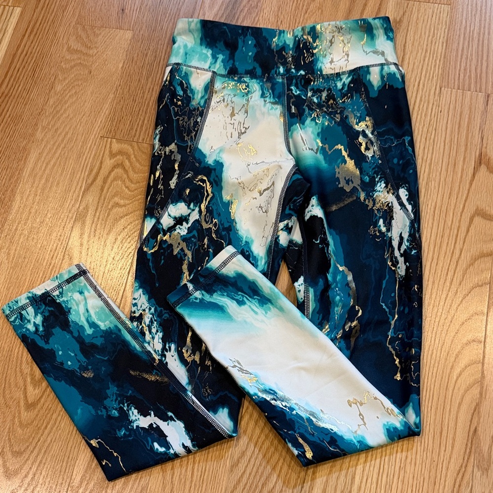 Old Navy Teal/Navy/White Marble-Print Leggings with Gold Accents